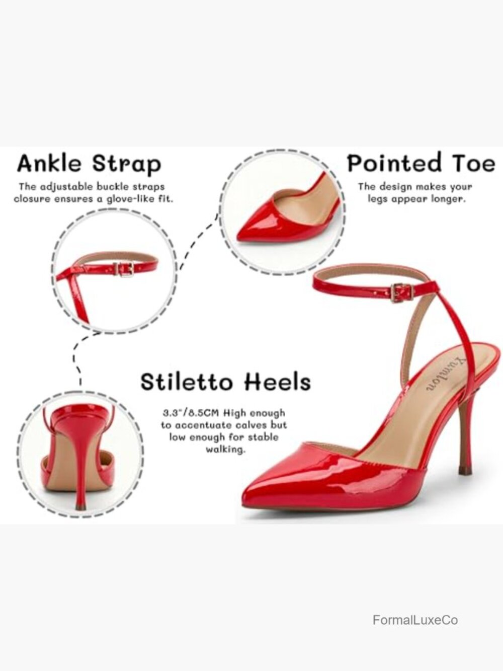 3.3" Stiletto Heel Pumps Ankle Strap Pointed Toe Wedding Shoes - Picture 6 of 7